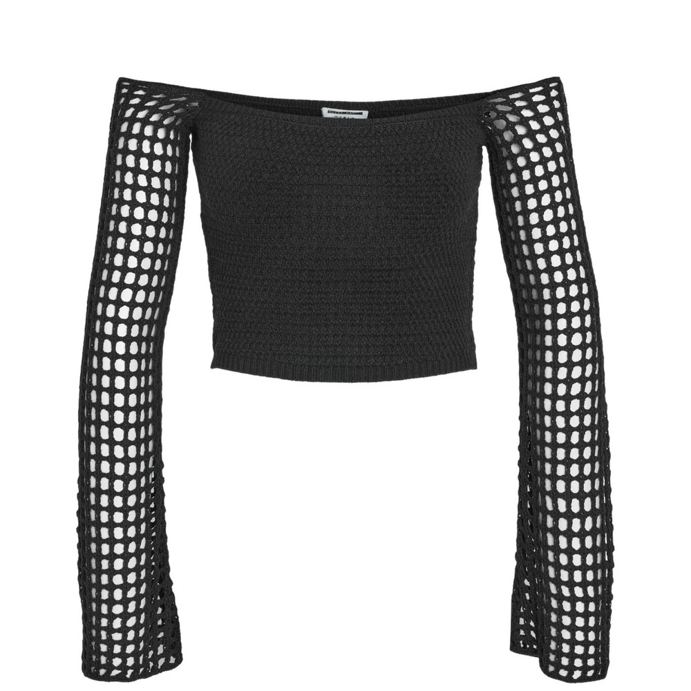 Noisy May Black‎ y2K Crochet Knit Crop Top Bell Sleeve Goth Fairy Grunge Sz XS